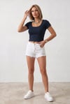 Kadın Siyah Renkli U Yaka Likralı Düz Basic Kısa Kollu Crop Bluz