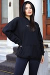 Kadın Siyah Spectacular Baskılı 3 iplik Şardonlu Kapüşonlu Kanguru Cepli Oversize Salaş Hoodie Sweatshirt