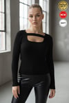 Kadın Siyah U Yaka Bant Detaylı Uzun Kollu Fitilli Extra Soft Yumuşak Bluz Body