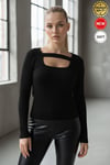 Kadın Siyah U Yaka Bant Detaylı Uzun Kollu Fitilli Extra Soft Yumuşak Bluz Body