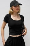 Kadın Siyah U Yaka Kısa Kollu Fitilli Kaşkorse Bluz Body