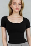 Kadın Siyah U Yaka Kısa Kollu Fitilli Kaşkorse Bluz Body