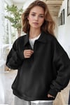 Kadın Siyah Yarım Fermuar Polo Yaka Oversize Salaş Bol Kesim Polar Sweatshirt