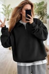 Kadın Siyah Yarım Fermuar Polo Yaka Oversize Salaş Bol Kesim Polar Sweatshirt