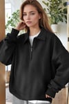 Kadın Siyah Yarım Fermuar Polo Yaka Oversize Salaş Bol Kesim Polar Sweatshirt