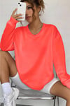 Kadın Soft Yumuşacık Kalın 3 İplik İçi Şardonlu Kumaş Neon Parlak Floresan Coral Pembe Bisiklet Yaka Düz Basic Sweatshirt