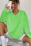 Kadın Soft Yumuşacık Kalın 3 İplik İçi Şardonlu Kumaş Neon Parlak Floresan Yeşil Bisiklet Yaka Düz Basic Sweatshirt