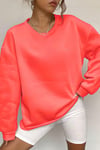 Kadın Soft Yumuşacık Kalın 3 İplik İçi Şardonlu Kumaş Neon Parlak Floresan Coral Pembe Bisiklet Yaka Düz Basic Sweatshirt