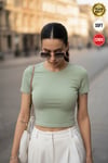 Kadın Su Yeşil Bisiklet Yaka Likralı Kısa Kol Body Crop T-Shirt