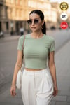 Kadın Su Yeşil Bisiklet Yaka Likralı Kısa Kol Body Crop T-Shirt