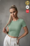 Kadın Su Yeşil Bisiklet Yaka Likralı Kısa Kol Body Crop Bluz
