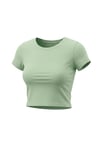 Kadın Su Yeşil Bisiklet Yaka Likralı Kısa Kol Body Crop T-Shirt