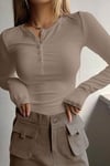 Kadın Taş Krem Düğme Detaylı Patlı Düğmeli Bisiklet Yaka Uzun Kollu Fitilli Kaşkorse Bluz Body