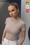 Kadın Taş Renkli Bisiklet Yaka Likralı Kısa Kol Body Crop Bluz