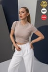 Kadın Taş Renkli Bisiklet Yaka Likralı Kısa Kol Body Crop Bluz