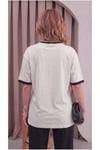 Kadın Taş Siyah Biye Garnili Orta Kalın Soft Kumaş Bisiklet Yaka Yarım Oversize Salaş T-shirt