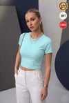 Kadın Turkuaz Renkli Bisiklet Yaka Likralı Kısa Kol Body Crop Bluz