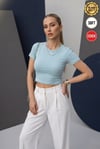 Kadın Turkuaz Renkli Bisiklet Yaka Likralı Kısa Kol Body Crop Bluz