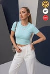 Kadın Turkuaz Renkli Bisiklet Yaka Likralı Kısa Kol Body Crop Bluz