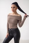 Kadın Vizon Madonna Yarı Crop Fitilli Bluz Kazak