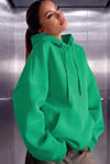 Kadın Yeşil Düz Kapüşonlu Oversize 3 iplik Şardonlu Salaş Bol Kesim Hoodie Sweatshirt