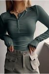 Kadın Yeşil Nefti Renkli Düğme Detaylı Patlı Düğmeli Bisiklet Yaka Uzun Kollu Fitilli Kaşkorse Bluz Body