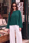 Kadın Yeşil T-shirt Geniş Kol Bisiklet Yaka Uzun Kollu Tişört