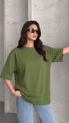 Kadın Zeytin Yeşili Basic Düz Baskısız Oversize Salas T-shirt