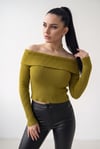 Kadın Zeytin Yeşili Madonna Yarı Crop Fitilli Bluz Kazak
