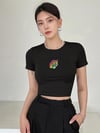 Kaplan Nakışlı Kısa Kol Kadın Siyah Bisiklet Yaka Likralı Body Crop Bluz