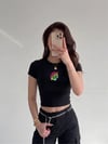 Kaplan Nakışlı Kısa Kol Kadın Siyah Bisiklet Yaka Likralı Body Crop Bluz