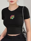 Kaplan Nakışlı Kısa Kol Kadın Siyah Bisiklet Yaka Likralı Body Crop Bluz