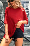 Kırmızı Basic Düz Baskısız Oversize Salas Boyfriend Kadın T-Shirt
