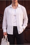 Lizbon Erkek Beyaz Renkli Yarım Oversize Keten Gömlek
