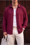 Lizbon Erkek Bordo Renkli Yarım Oversize Keten Gömlek