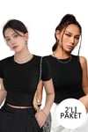 Mix 2'li Kısa Kol ve Kolsuz Sıfır Kol Kadın Siyah Bisiklet Yaka Likralı Body Crop Bluz