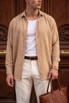 Nairobi Camel Renkli Soft Keten Görünümlü Yarım Oversize Rahat Kalıp Gömlek