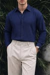 Nairobi Lacivert Renkli Soft Keten Görünümlü Yarım Oversize Rahat Kalıp Gömlek