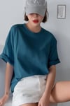 Petrol Mavisi Basic Düz Baskısız Oversize Salas Boyfriend Kadın T-Shirt