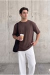 Premium Kalite Kahverengi Renkli Kalın İki İplik Compact Penye Kumaş Tam Oversize T-Shirt