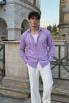 Rio Lila Renkli Soft Keten Görünümlü Yarım Oversize Rahat Kalıp Gömlek