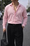 Rio Pembe Renkli Soft Keten Görünümlü Yarım Oversize Rahat Kalıp Gömlek