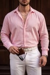 Rio Pembe Renkli Soft Keten Görünümlü Yarım Oversize Rahat Kalıp Gömlek