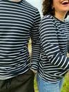 Lacivert Beyaz Çizgili Bisiklet Yaka Uzun Kollu Unisex Tişört 