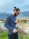 Lacivert Beyaz Çizgili Bisiklet Yaka Uzun Kollu Unisex Tişört 