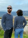 Lacivert Beyaz Çizgili Bisiklet Yaka Uzun Kollu Unisex Tişört 