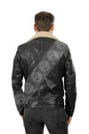 Men's Genuine Leather Biker Sports Coat Fur Collar Navy Blue K-1378-19452