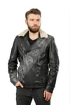 Men's Genuine Leather Biker Sports Coat Fur Collar Navy Blue K-1378-19452