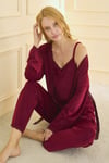 Premium Soft Kadife 3 Lü Sabahlıklı Kadın Lila Pijama Takımı