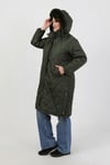 Kadın Haki Baklava Desen Uzun İçi Yün Kapitone Büyük Beden Mont